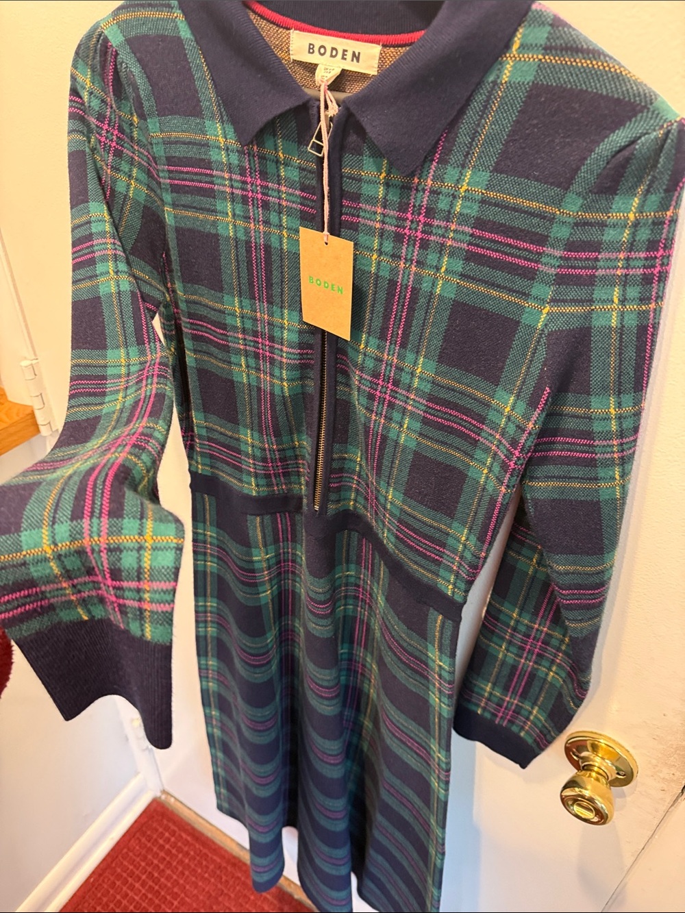 Boden Navy, Green and Pink Plaid Long-Sleeve Zip Dress - Picture 4 of 6